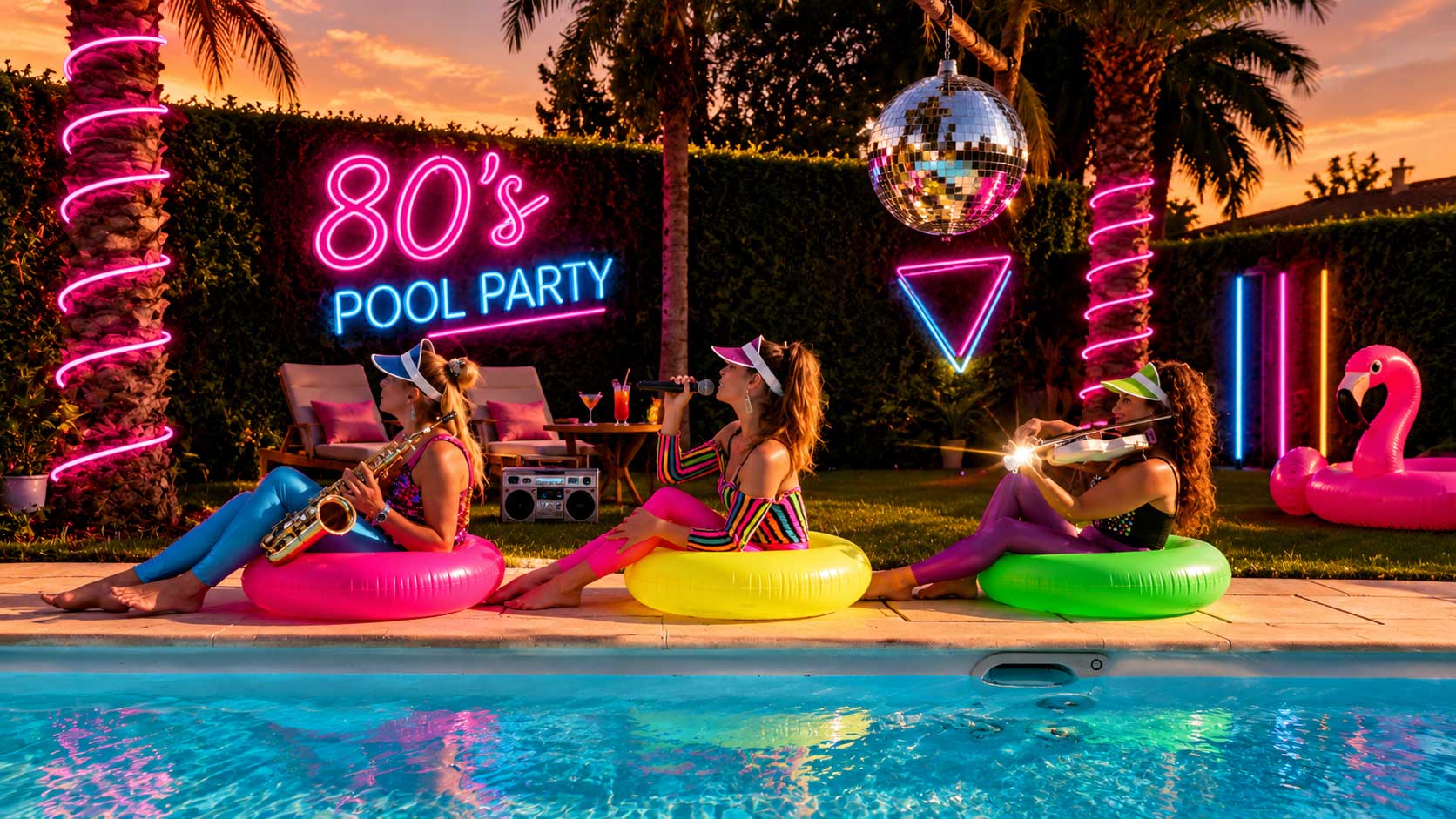 80s party band with female singer, saxophonist and violinist at an 80s pool party