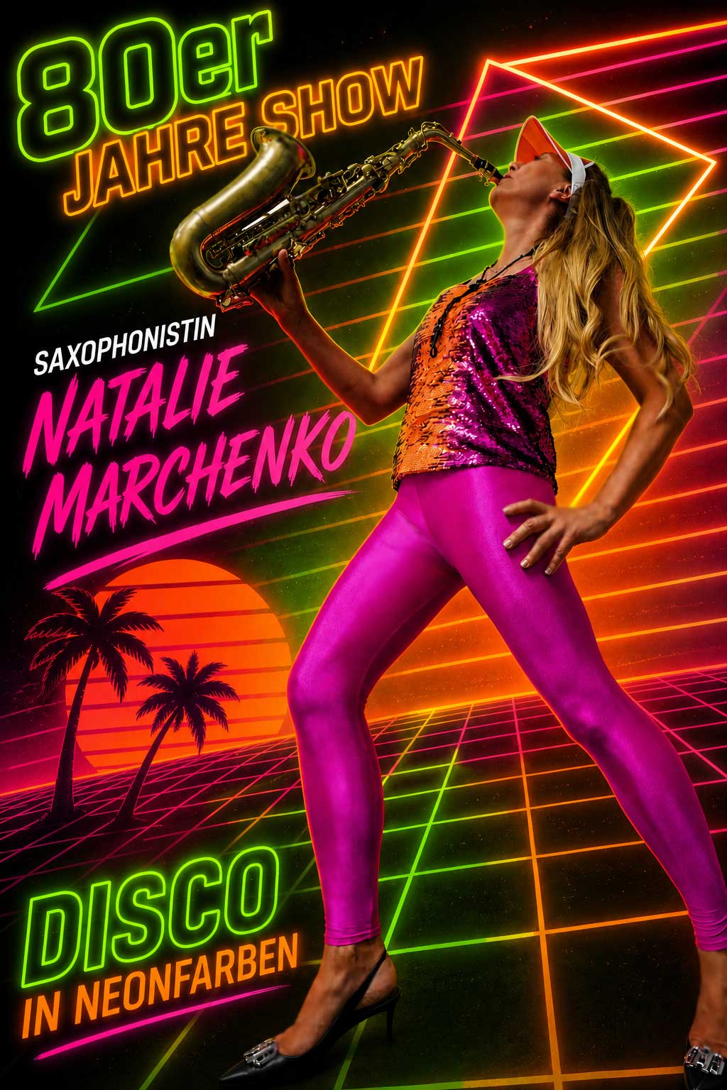 Saxophonist Natalie Marchenko in a neon 80s look for summer parties and galas