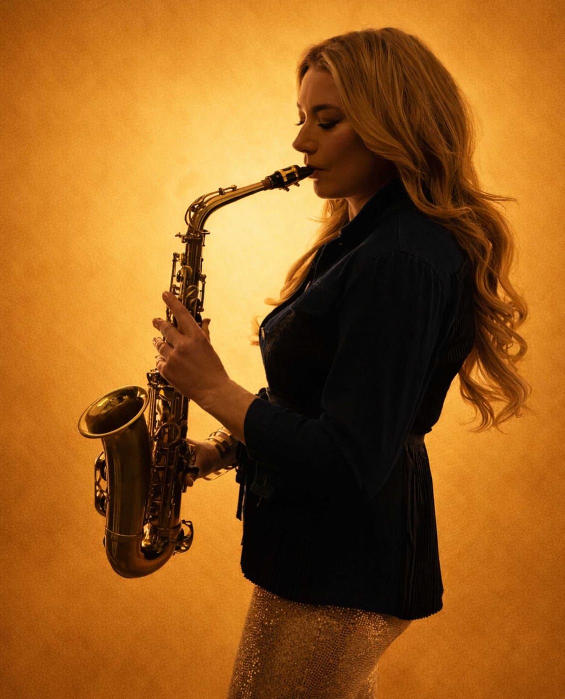 Natalie Marchenko spielt Saxophon im goldenen Studiolicht