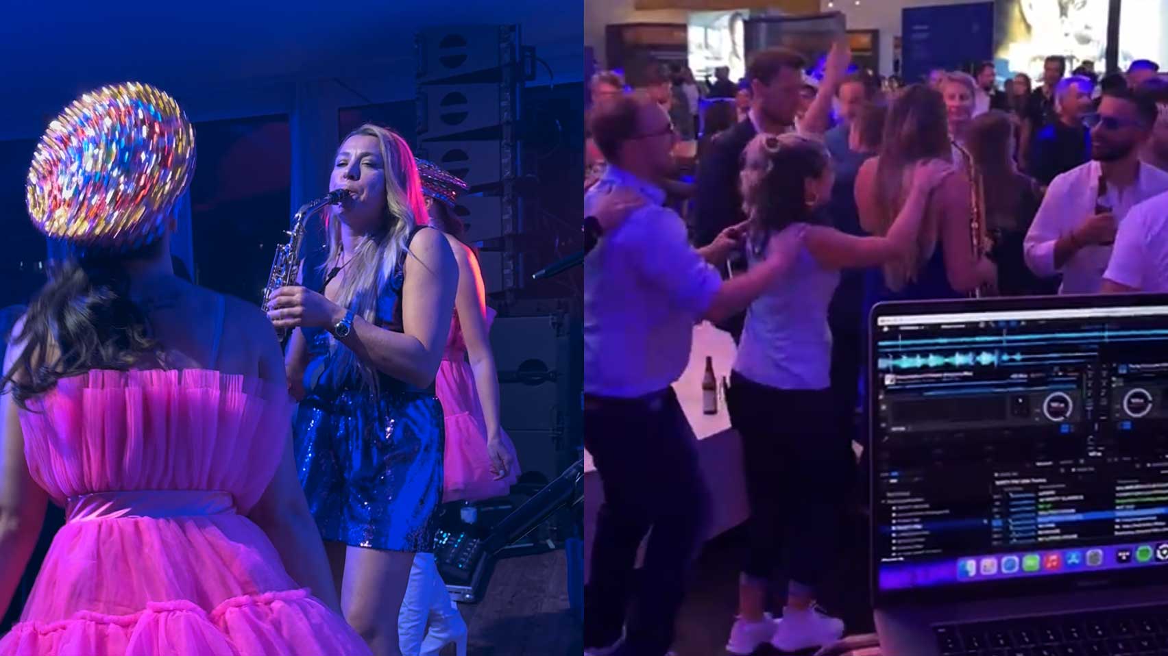 Saxophonist and dancers from Munich All Stars performing a live show at a trade fair stand party